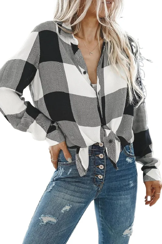 Women's Turn Down Collar Button Down Flannel Blouse Feminine Ruffle Blouse