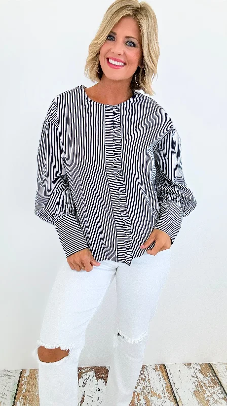 Parisian Stripe Ruffle Blouse - Black High Neck Blouse