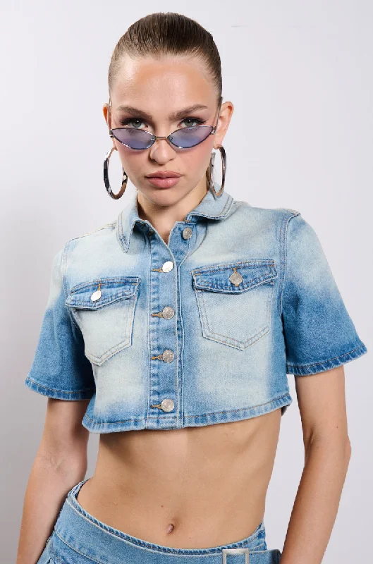 WISH U THE BEST CROP DENIM BLOUSE Smart Business Blouse
