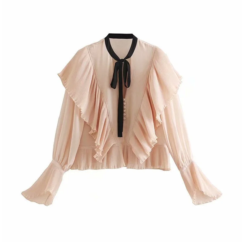 Women Stylish Bow Neck Pink Blouse Flare Loose Oversized Blouse
