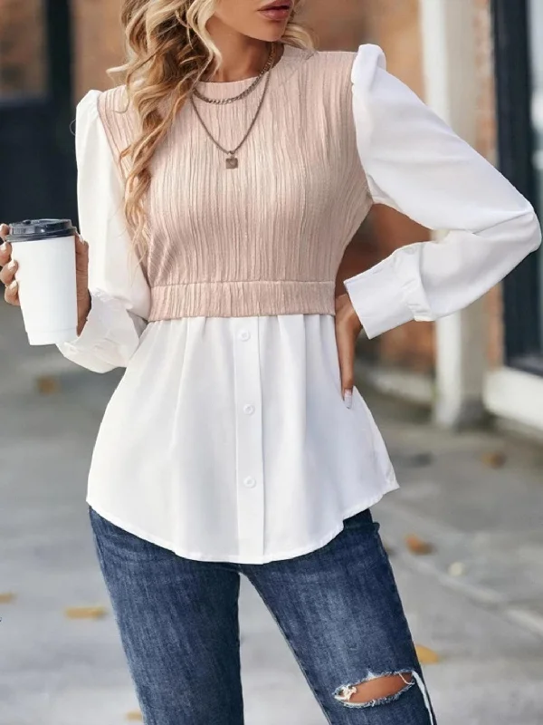 Contrast Puff Sleeve Blouse in 3 Colors Soft Pastel Blouse