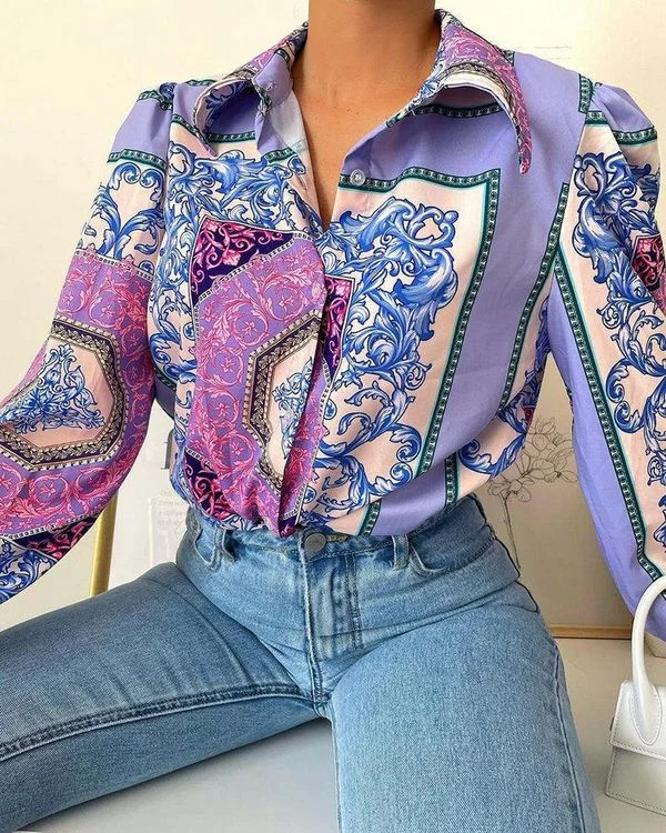 European style Summer Blue printed Blouse Sheer Sleeve Blouse