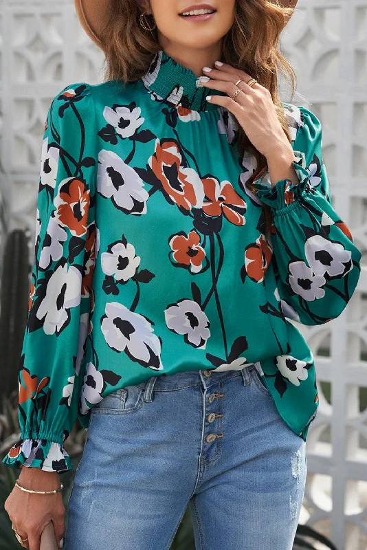 Floral Smocked Flounce Sleeve Blouse Classic White Blouse