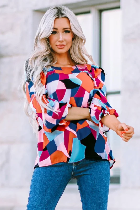 Geometric Flounce Sleeve Blouse Elegant Lace Blouse