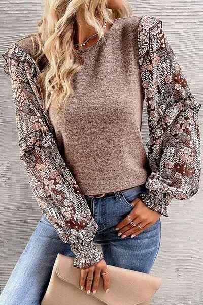 Heathered Floral Frill Blouse Chic Sleeveless Blouse