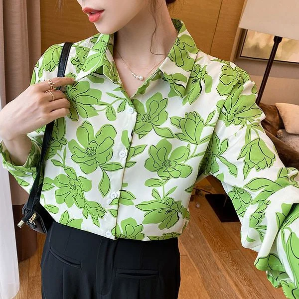 Long sleeve Loose Chiffon Women blouse Subtle Shimmer Blouse