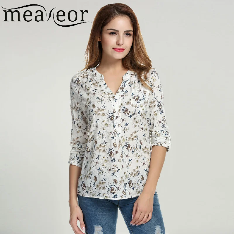 Meaneor Women Floral Print Blouse Tops 1950s 60s Vintage Autumn Clothing Casual Roll Up Sleeve Cotton Fabric High Quality Blouse Lightweight Linen Blouse