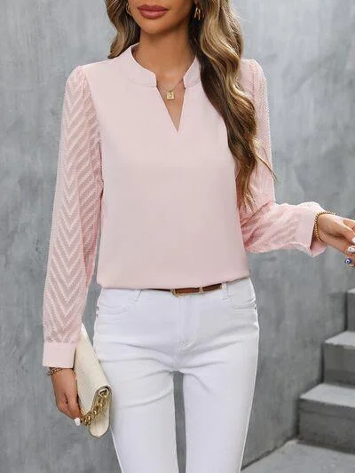 Notched Long Sleeve Blouse in 3 Colors Lightweight Tunic Blouse