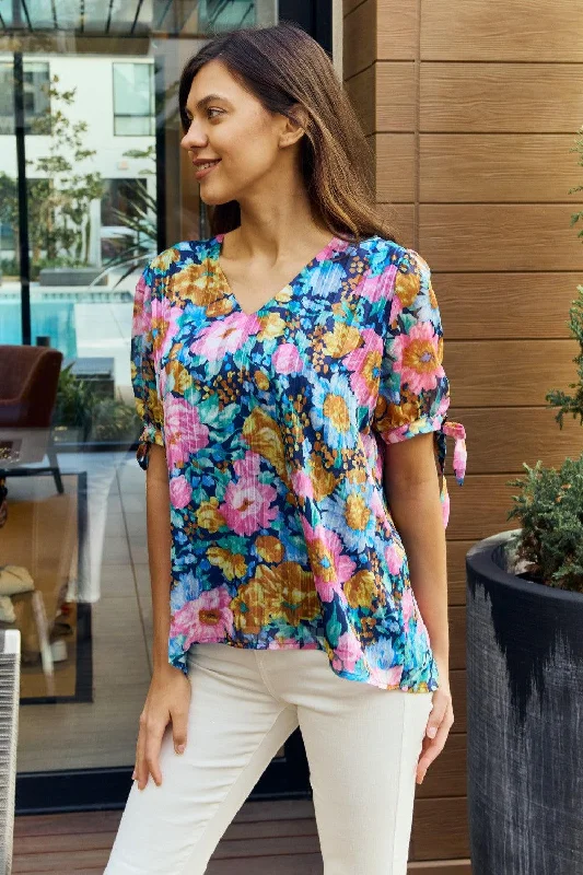 Full Size Floral V-Neck Petal Blouse Vintage Polka Blouse