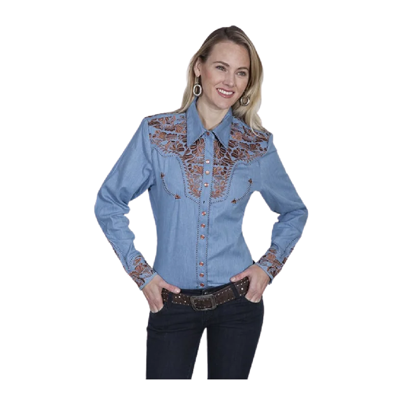Scully Leather Women's Floral Snap Blouse High Neck Blouse