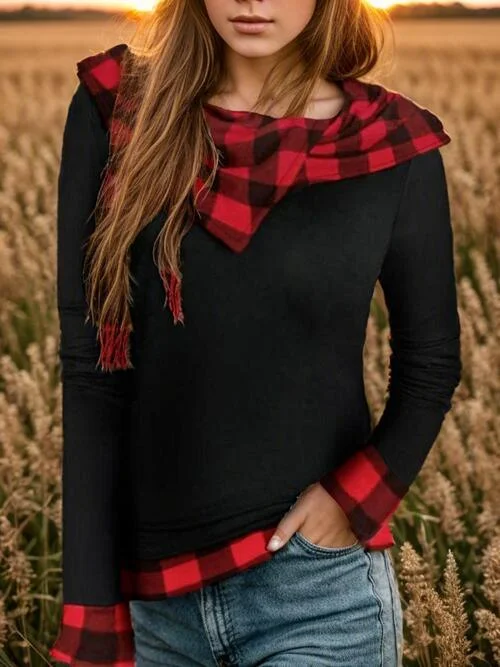 Plaid Asymmetrical Hooded Blouse Boho Chic Blouse
