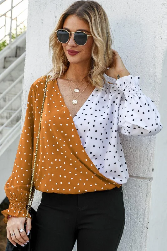 Polka Dot Surplice Neck Blouse Chic Wrap Blouse