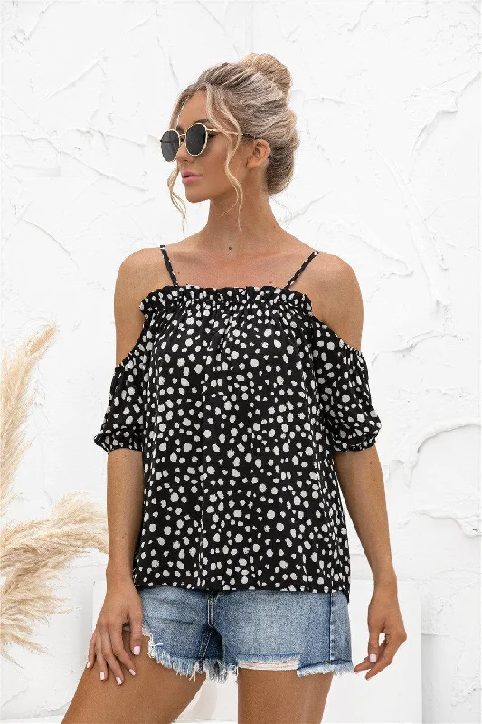 Printed Cold-Shoulder Frill Trim Blouse Satin Long Blouse