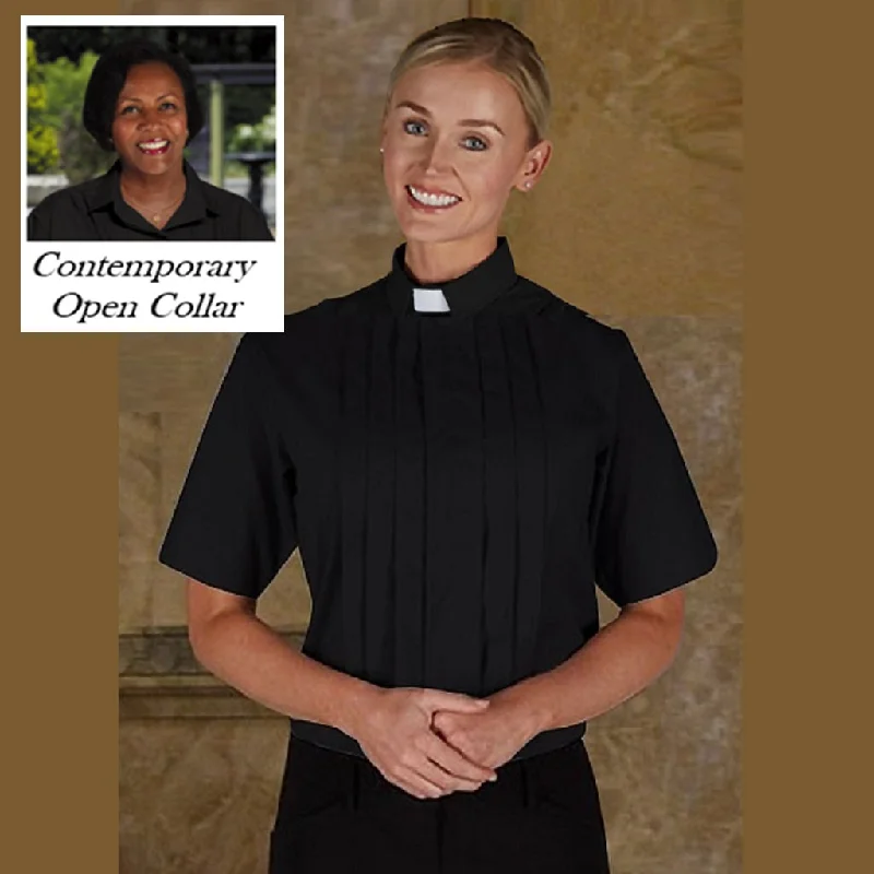 R.J. Toomey Short Sleeve, Tab Collar Black Blouse Polished Work Blouse