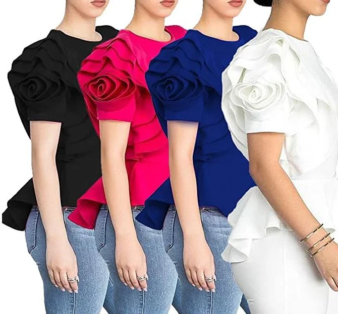 Round Neck Ruffle Short Sleeve Peplum Bodycon Blouse Wrap Front Blouse