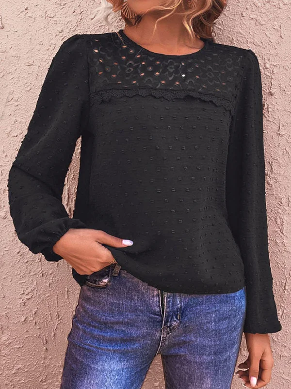 Swiss Dot Lace Trim Long Sleeve Blouse Sleeveless Summer Blouse