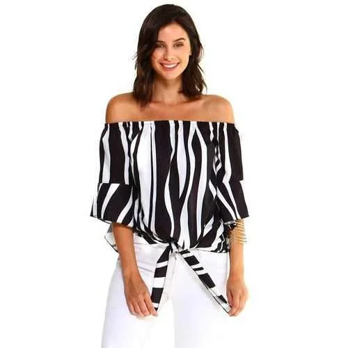 Women's Strapless Striped Bandage Blouse Peter Pan Blouse