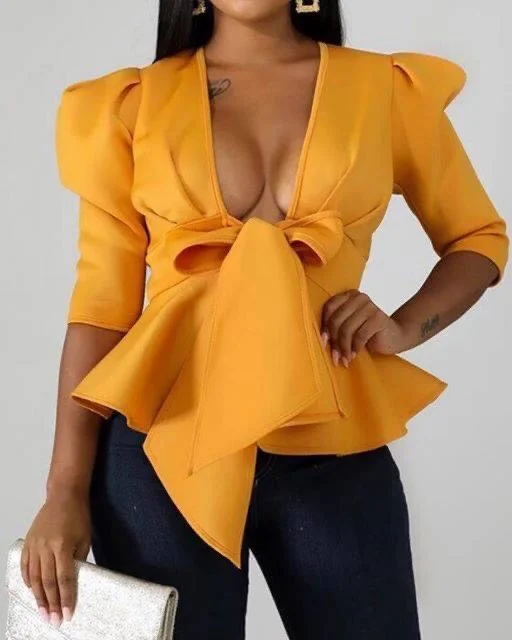 V Neck  Bow Tie Front Pelplum  Blouse Chic Off-Shoulder Blouse