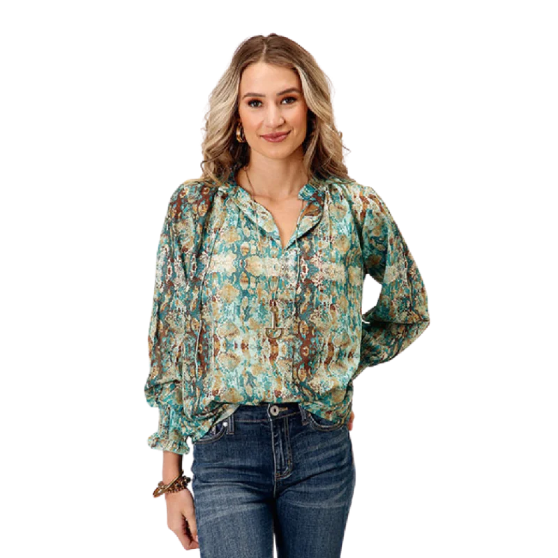 Roper Women's Poly Teal Snake Print Blouse Feminine Pastel Blouse