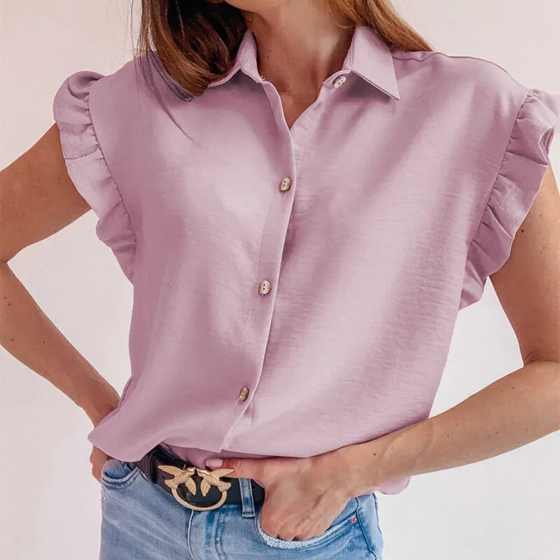 Women Fashion Solid Color Sleeveless Ruffled Blouse Slim Fit Blouse