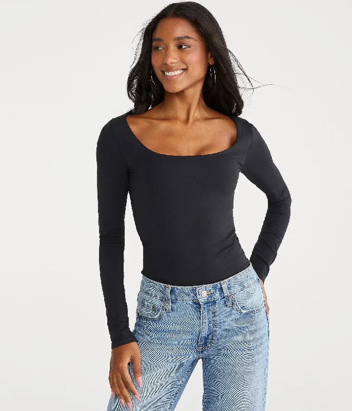 Aeropostale Long Sleeve Seriously Soft Sculpt Scoop-Neck Tee Collared T-Shirt Boat Neck A-Line