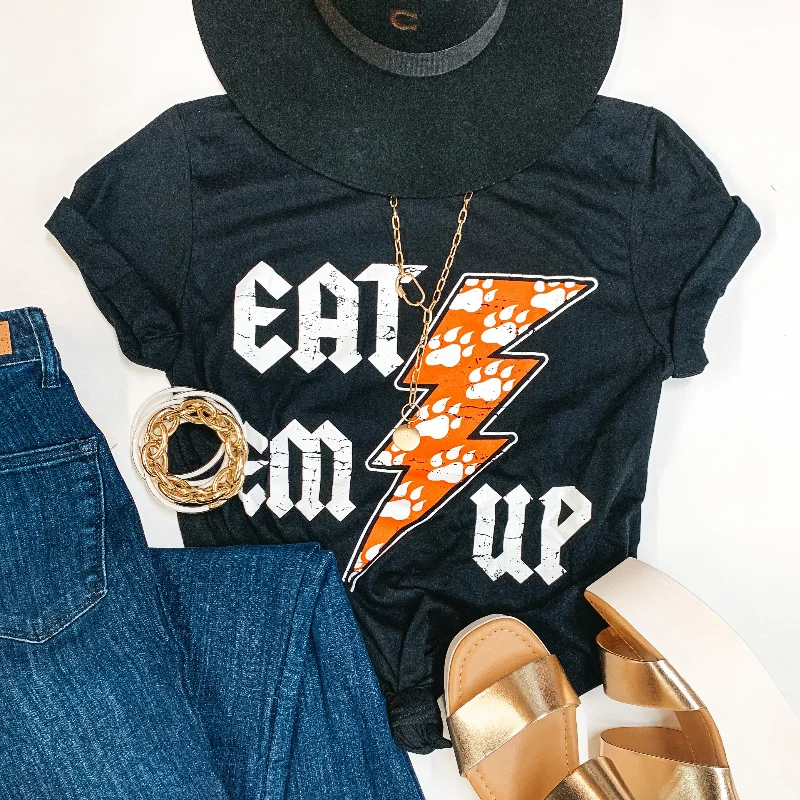 Bearkat Game Day | Eat 'Em Up Lightning Bolt Short Sleeve Graphic tee in Black Asymmetrical Pockets Print Bearkat Game Day | Eat 'Em Up Lightning Bolt Short Sleeve Graphic tee in Black Asymmetrical Pockets Print