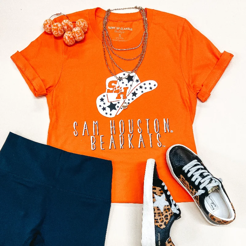 Bearkat Game Day | Sam Houston Bearkats Cowgirl Hat Short Sleeve Graphic Tee in Orange Ribbed Striped Patterned Bearkat Game Day | Sam Houston Bearkats Cowgirl Hat Short Sleeve Graphic Tee in Orange Ribbed Striped Patterned