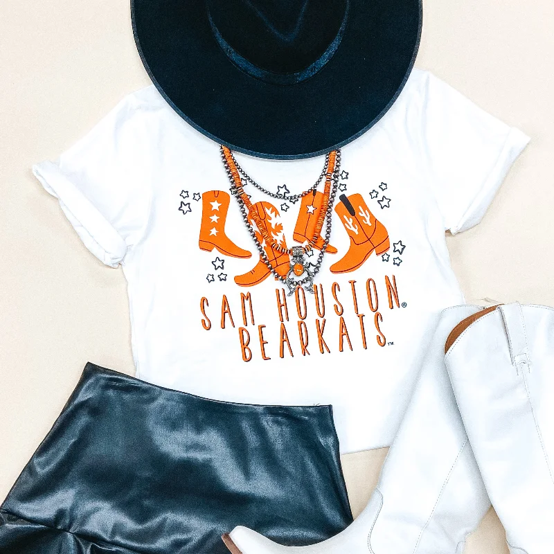 Bearkat Game Day | Sam Houston Bearkats Cowgirl Hat Short Sleeve Graphic Tee in White Chenille Fabric Brocade Fabric Lace Fabric Bearkat Game Day | Sam Houston Bearkats Cowgirl Hat Short Sleeve Graphic Tee in White Chenille Fabric Brocade Fabric Lace Fabric