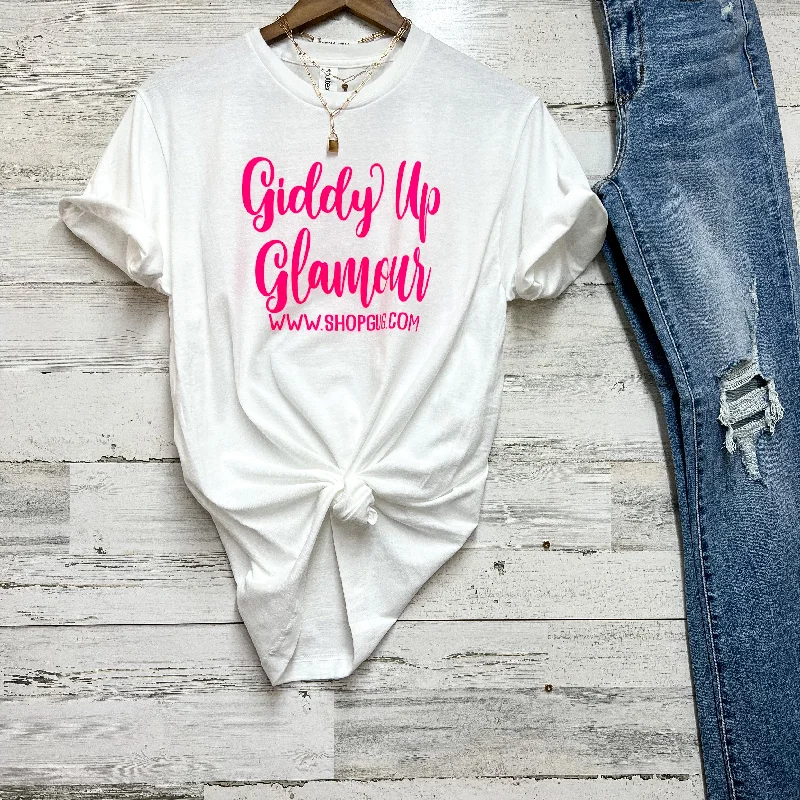 Black Friday Free Gift | Giddy Up Glamour Pink Graphic Logo Tee in White Collared Crew Neck Turtle Neck Black Friday Free Gift | Giddy Up Glamour Pink Graphic Logo Tee in White Collared Crew Neck Turtle Neck