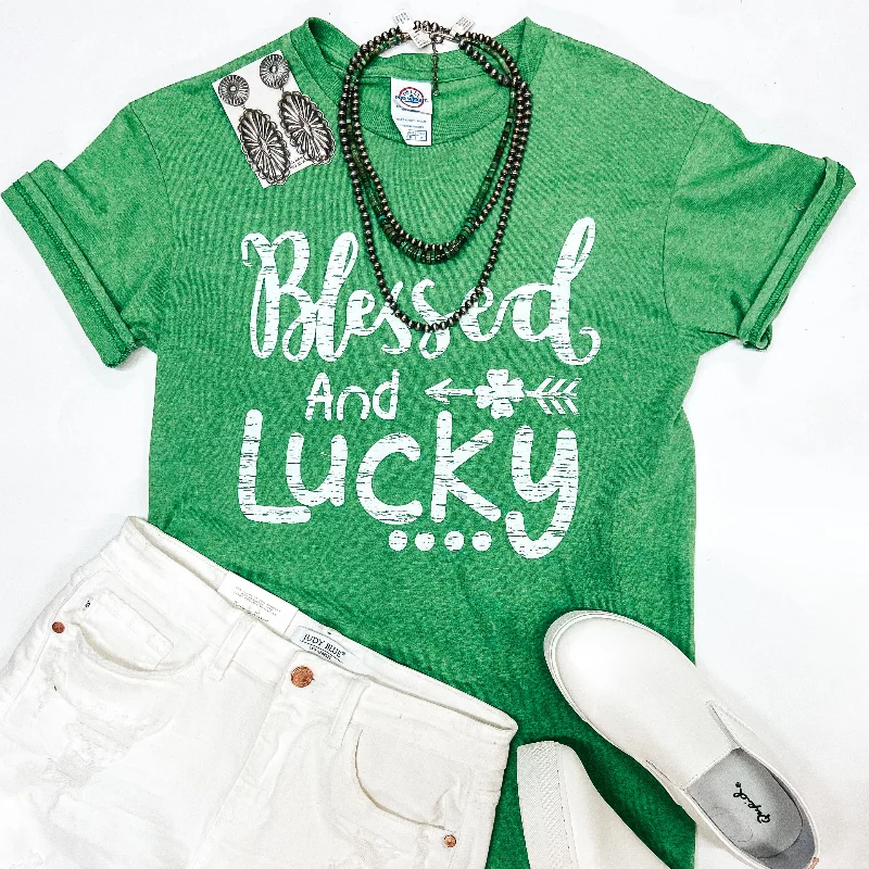Last Chance Size Small | Blessed and Lucky Short Sleeve Graphic Tee in Green Terry Blend Velvet Blend Canvas Blend Last Chance Size Small | Blessed and Lucky Short Sleeve Graphic Tee in Green Terry Blend Velvet Blend Canvas Blend