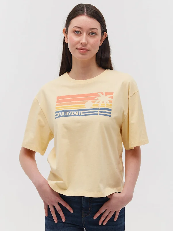 Bray Sunset Graphic T-Shirt Notch Collar Peter Pan Collar Cowl Neck