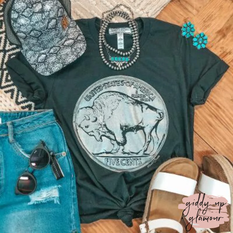 Last Chance Size Small | Free to Wander Buffalo Nickle Western Graphic Tee in Black Iron Safe Non-Iron Wrinkle Free