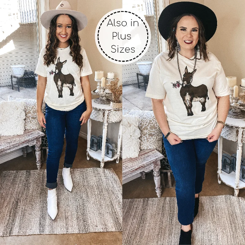 Bouquet Burro Graphic Tee with Pink Crystal Accents in Ivory Collared Crew Neck Turtle Neck