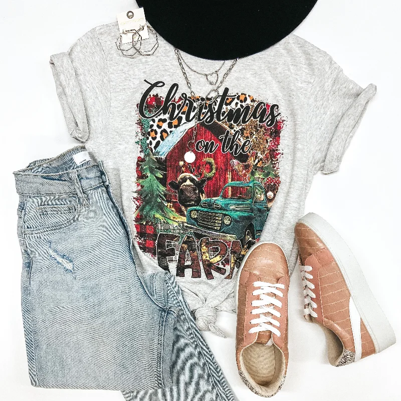 Last Chance Size Small | Christmas On the Farm Short Sleeve Graphic Tee in Light Heather Grey Sequined Glittery Shiny Last Chance Size Small | Christmas On the Farm Short Sleeve Graphic Tee in Light Heather Grey Sequined Glittery Shiny