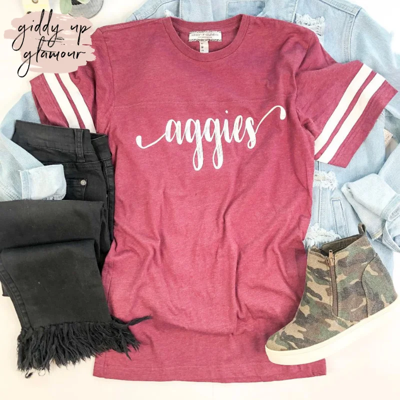 Last Chance Size Small | Aggie Game Day | Cursive Aggies Short Sleeve Jersey Tee in Maroon Faux Fur Fabric Real Fur Fabric Shearling Fabric