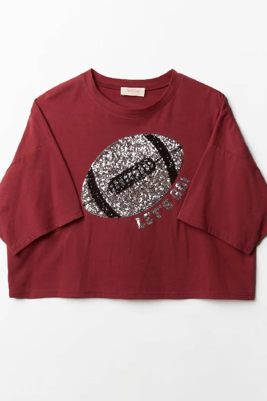 Football Sequin Patch Crop Tee In Maroon Cotton Fabric Linen Fabric Terry Fabric
