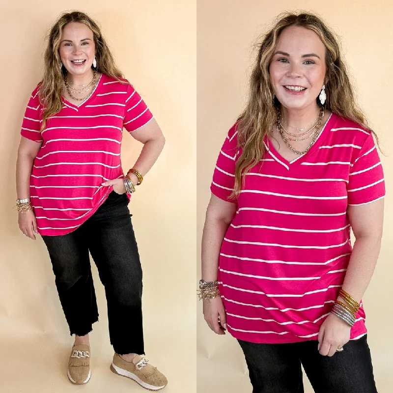 Keep Things Casual Striped V Neck Tee in Fuchsia Handmade Hand-knitted Hand-woven