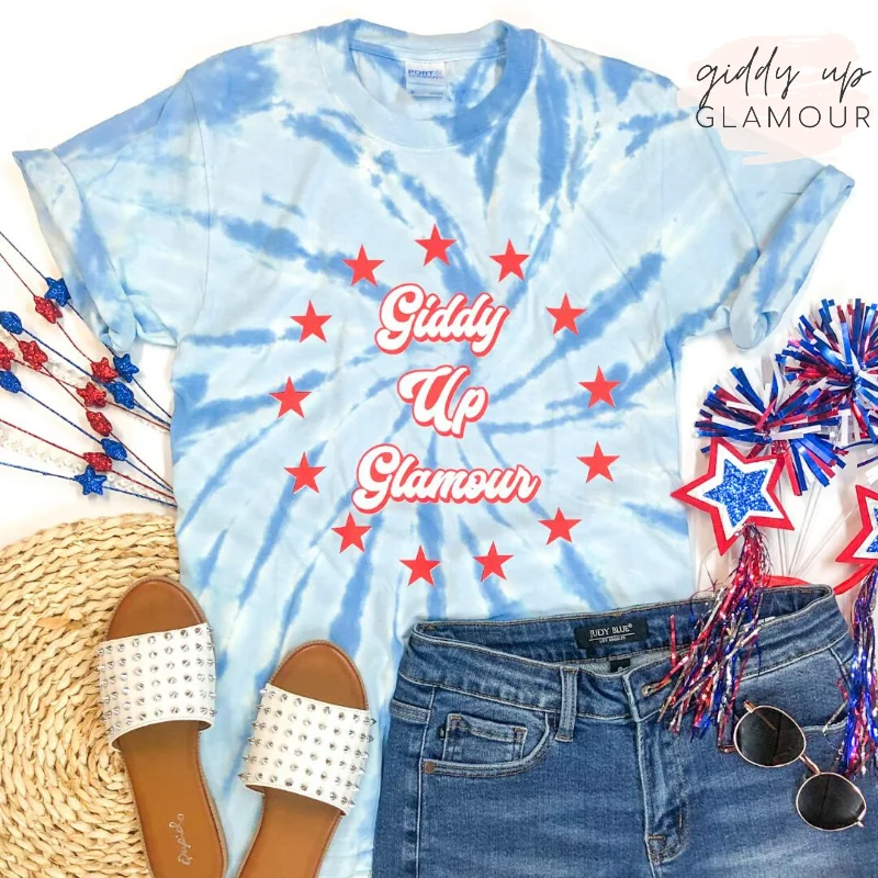 Giddy Up Glamour Tie Dye Graphic Logo Tee in Red and Blue Boxy Fit Fitted Loose