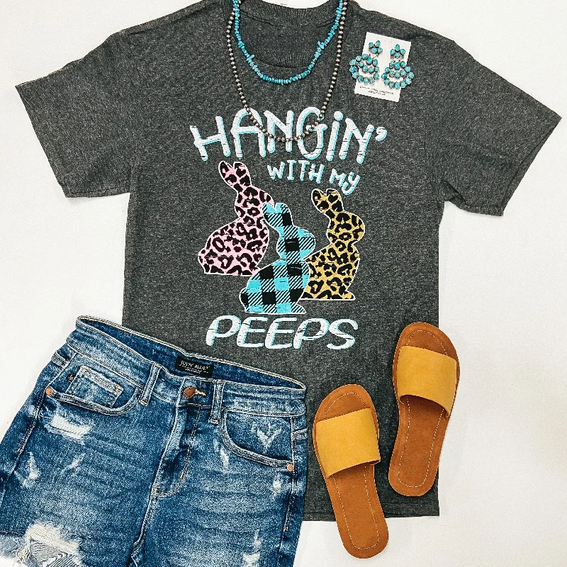 Hangin' With My Peeps Mixed Print Easter Graphic Tee in Charcoal Grey Lace Blend Ribbed Blend Corduroy Blend