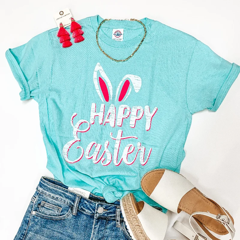 Happy Easter Bunny Ears Graphic Tee in Neon Mint Solid Print Embellished