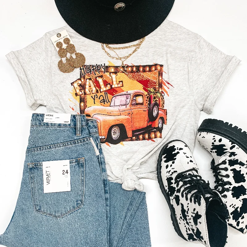 Last Chance Size Small| Happy Fall Y'all Vintage Short Sleeve Graphic Tee in Light Heather Grey Chenille Blend Fleece Blend Nylon Blend Last Chance Size Small| Happy Fall Y'all Vintage Short Sleeve Graphic Tee in Light Heather Grey Chenille Blend Fleece Blend Nylon Blend
