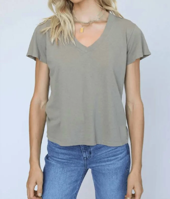 Hendrix Basic V Neck Tee In Shark Grey Satin Blend Silk Blend Wool Blend