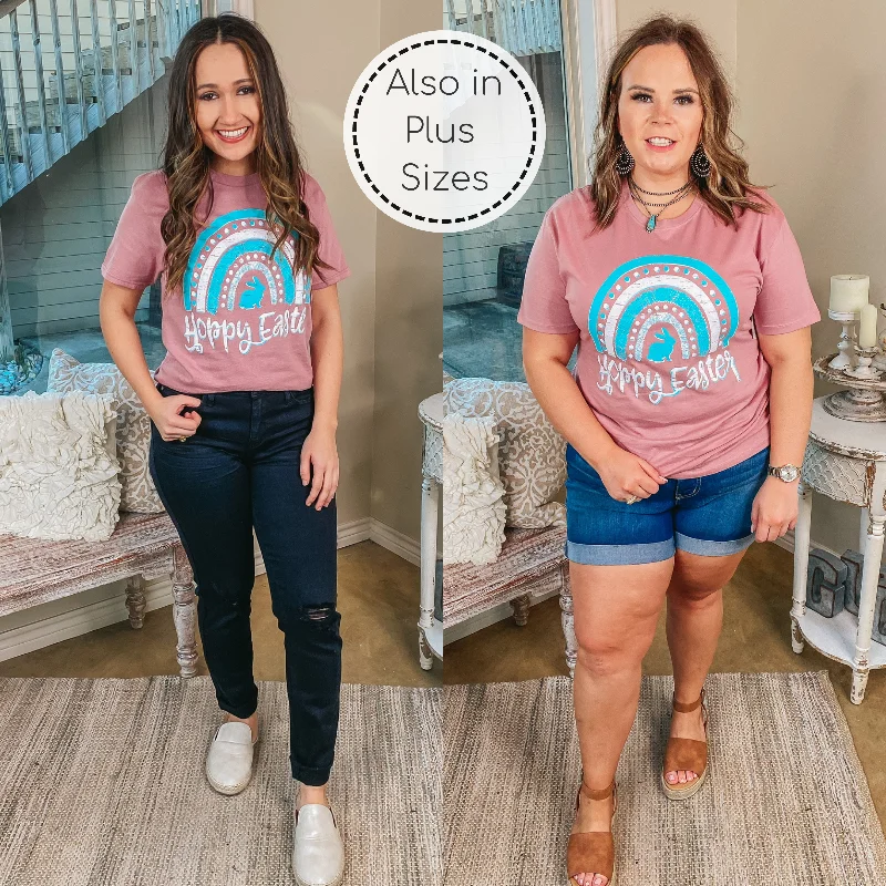 Hoppy Easter Rainbow Short Sleeve Graphic Tee in Mauve Pink Nylon Fabric Polyester Fabric Spandex Fabric Hoppy Easter Rainbow Short Sleeve Graphic Tee in Mauve Pink Nylon Fabric Polyester Fabric Spandex Fabric