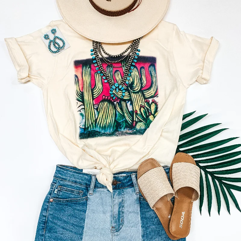 Paint Me in Palm Springs Short Sleeve Airbrush Cactus Graphic Tee in Ivory Handmade Hand-knitted Hand-woven