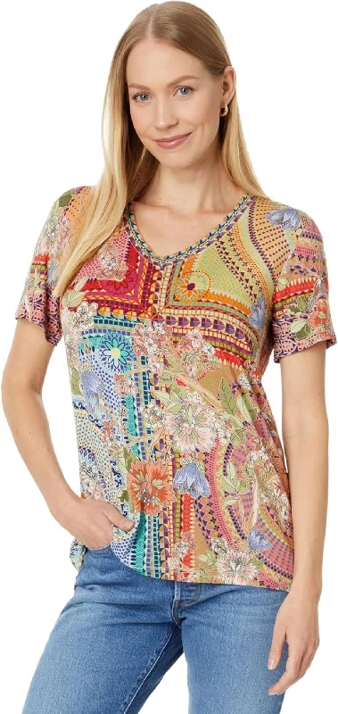 Johnny Was Women's The Janie Favorite Short Sleeve V-Neck Tee-Mosaic, Multicolor Anti-Pilling Machine Wash Handmade Johnny Was Women's The Janie Favorite Short Sleeve V-Neck Tee-Mosaic, Multicolor Anti-Pilling Machine Wash Handmade
