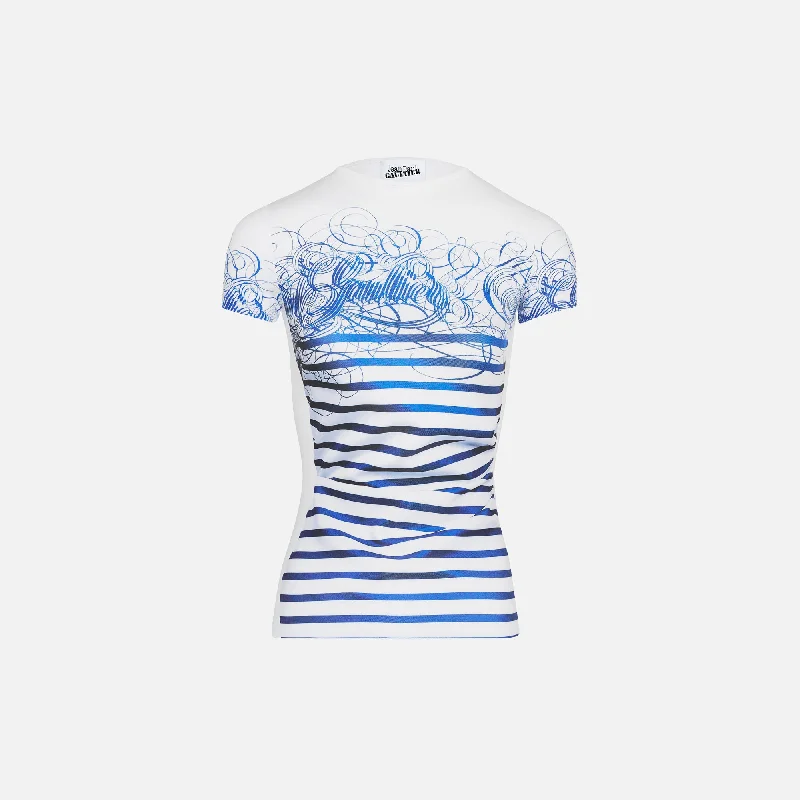 Jean Paul Gaultier Marinière Calligraphy Printed Spandex Tee - White / Navy Notch Collar Peter Pan Collar Cowl Neck