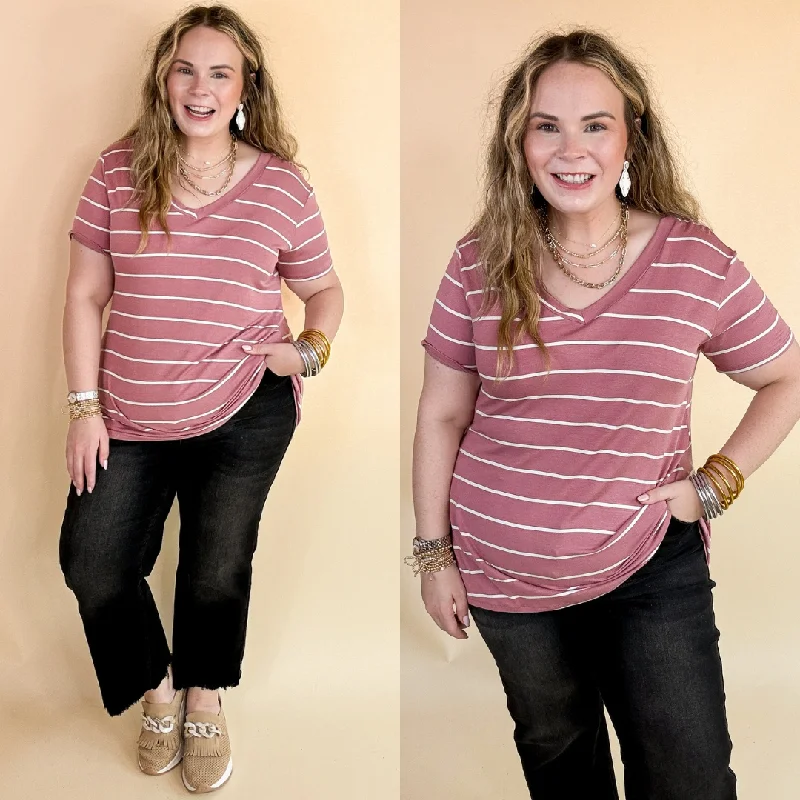 Keep Things Casual Striped V Neck Tee in Mauve Fleece Nylon Spandex