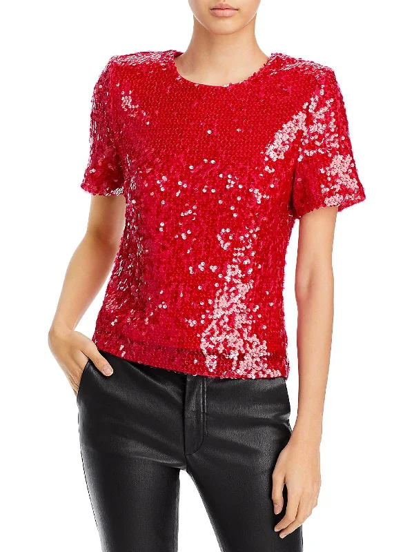 La Dame Womens Sequined Padded Shoulder T-Shirt Collared T-Shirt Boat Neck A-Line
