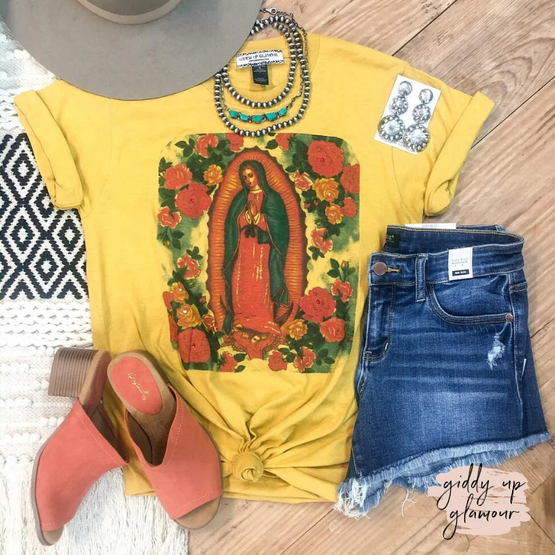 Lady of Guadalupe Floral Graphic Tee with Crystals in Mustard Yellow Mesh Blend Leather Blend Suede Blend