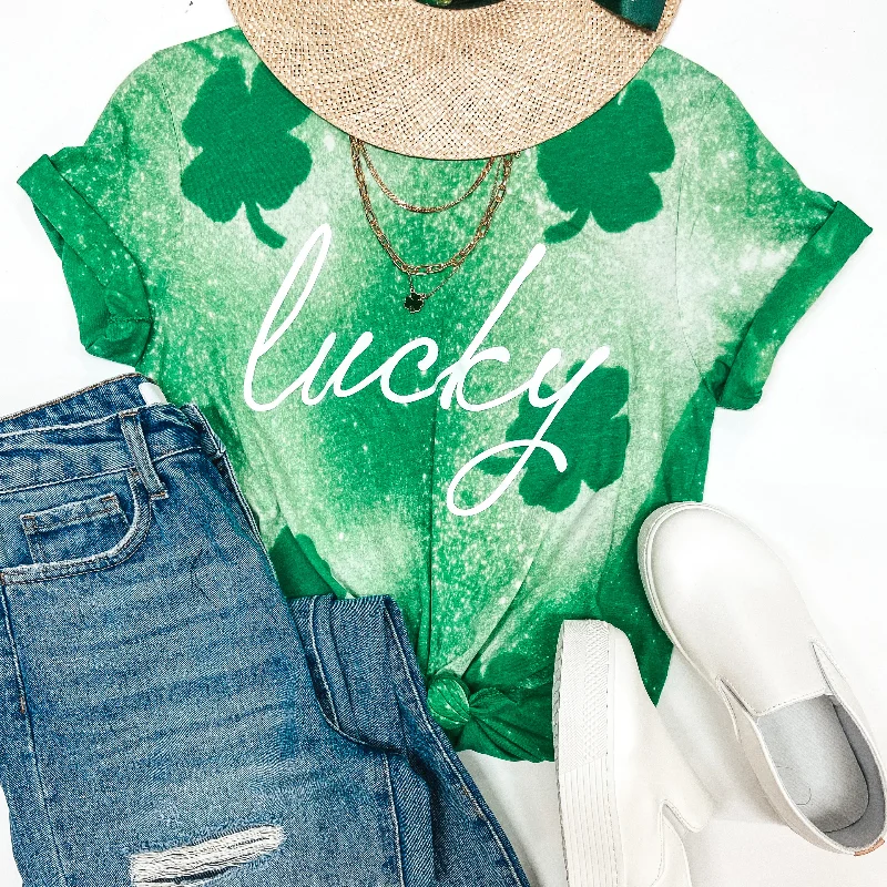 Lucky Bleach Splatter Shamrock Graphic Tee in Green Anti-Shrink Durable Soft
